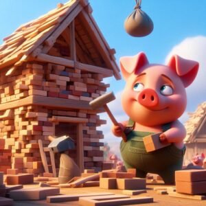 um porquinho construindo uma casa de madeira