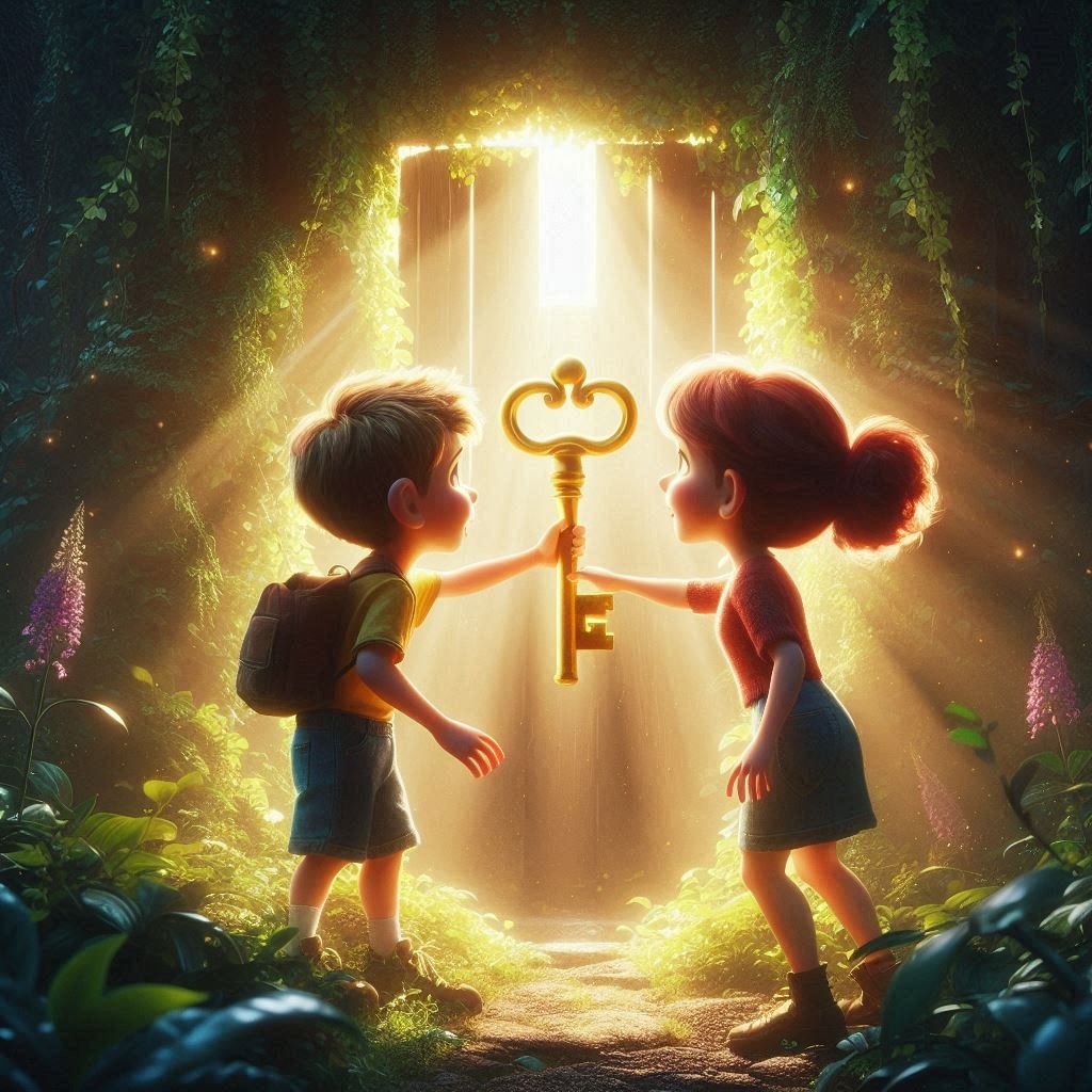 Um menino e uma menina abrindo uma porta dourada com uma chave na floresta.